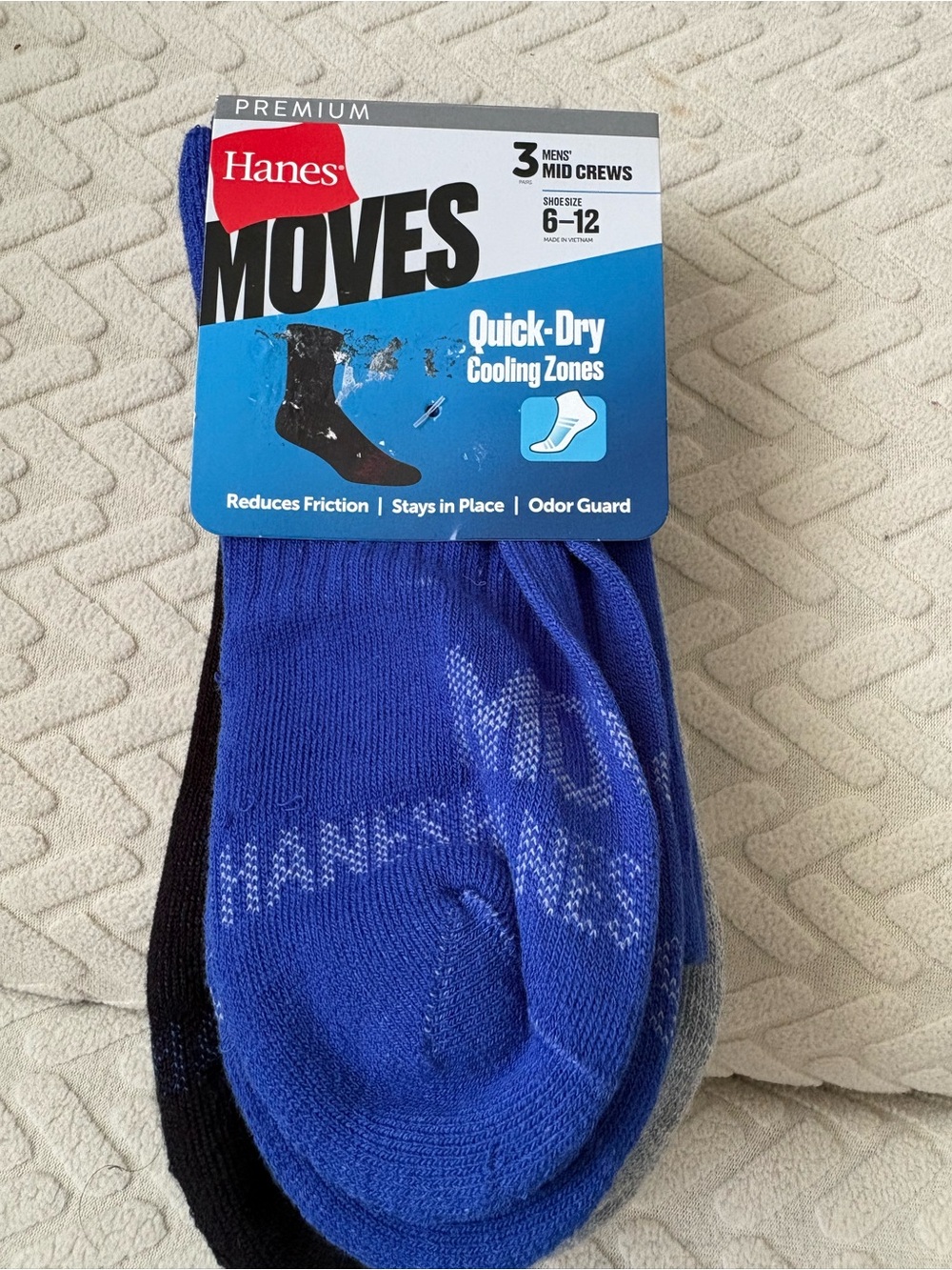 Hanes Moves Men's Quick-Dry Mid Crew Socks - Blue, Black, Gray (3 Pack) New